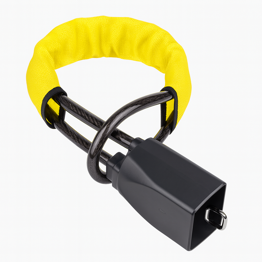 Closeup of yellow cabled car steering wheel lock on a white background