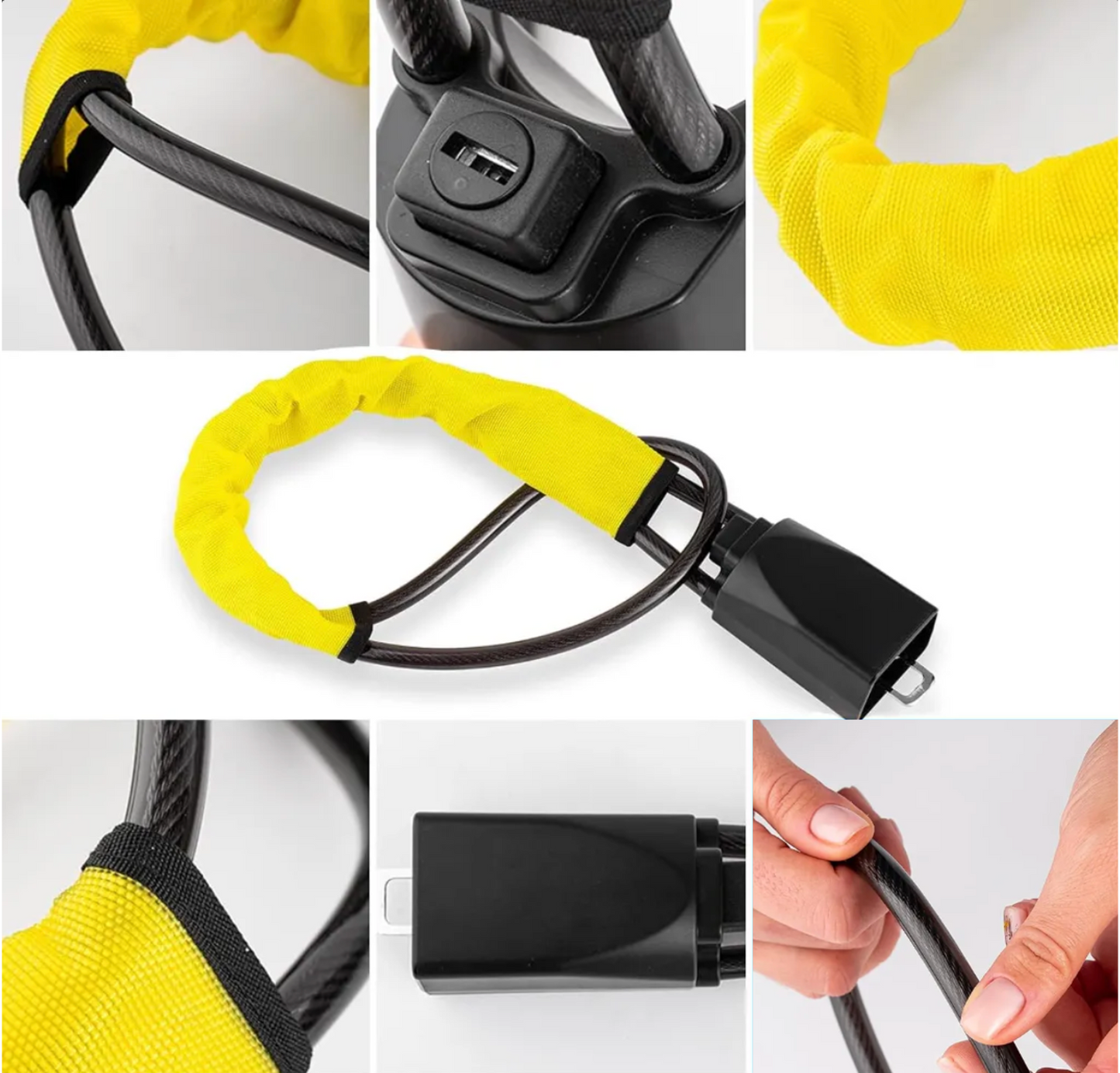 Collage of a yellow cabled car steering wheel lock on a white background