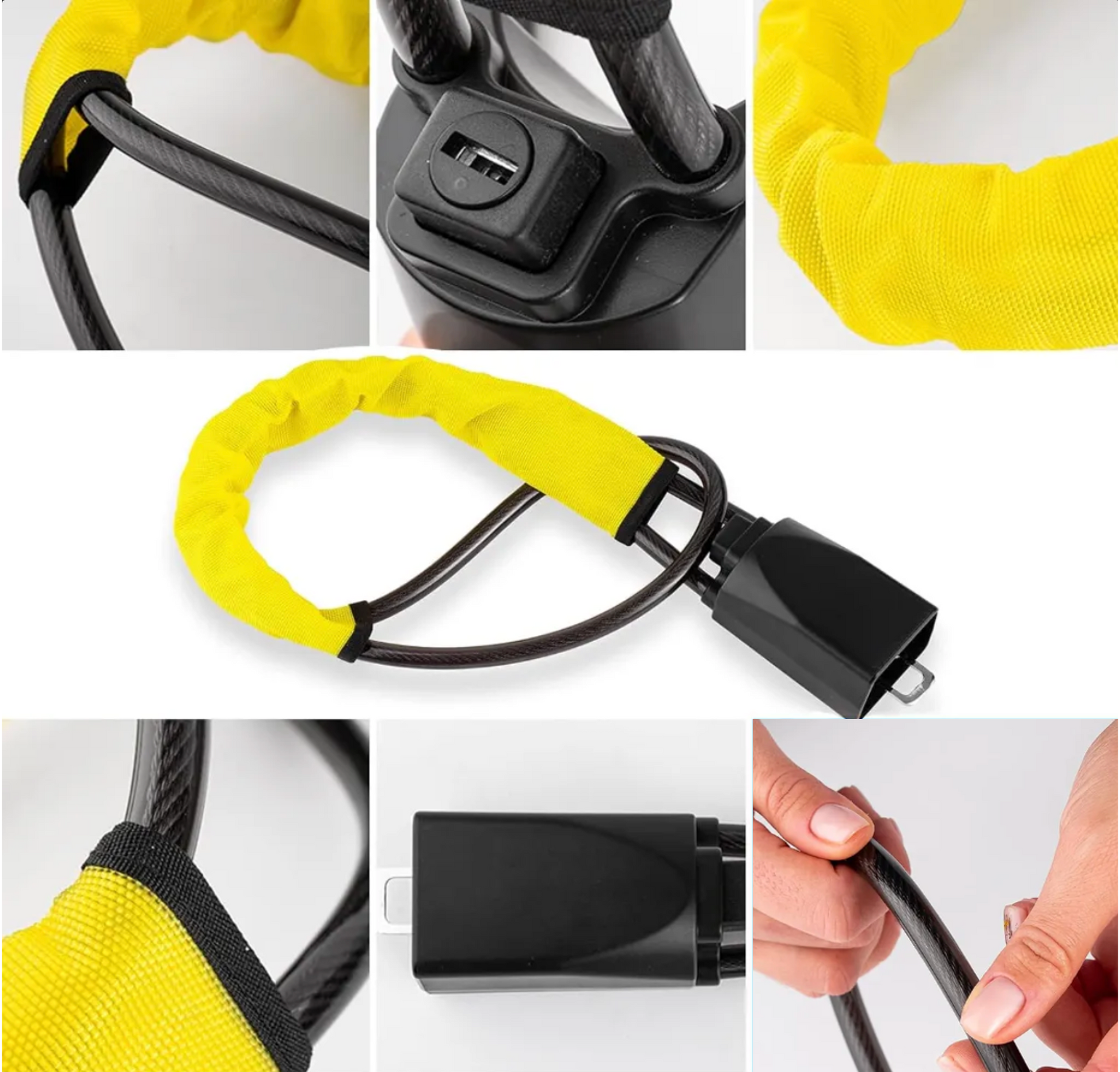 Collage of a yellow cabled car steering wheel lock on a white background