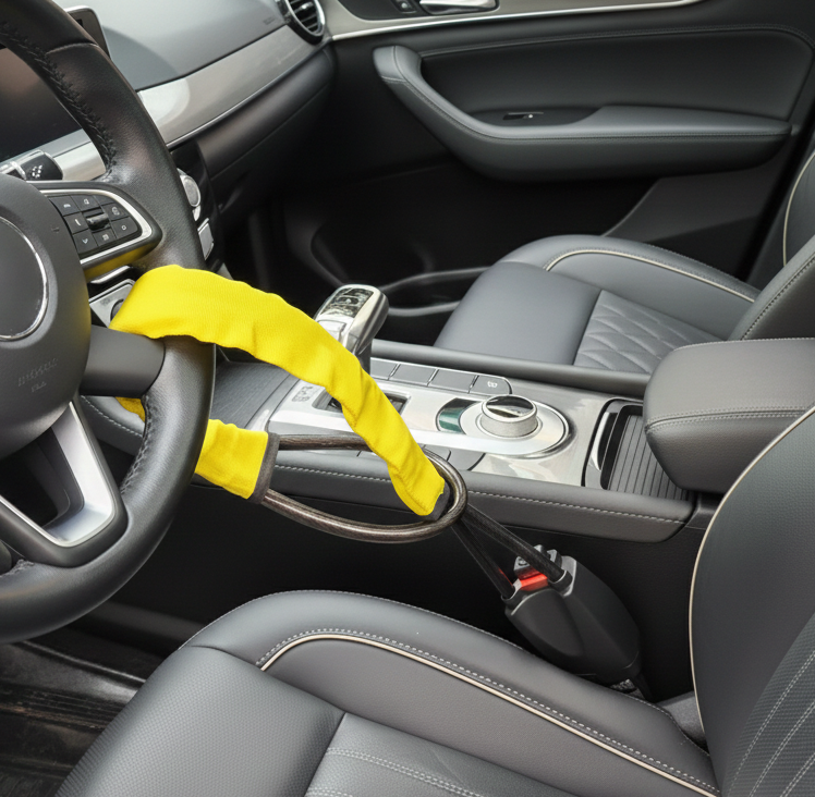 Car interior with yellow cabled car steering wheel lock installed on the steering wheel