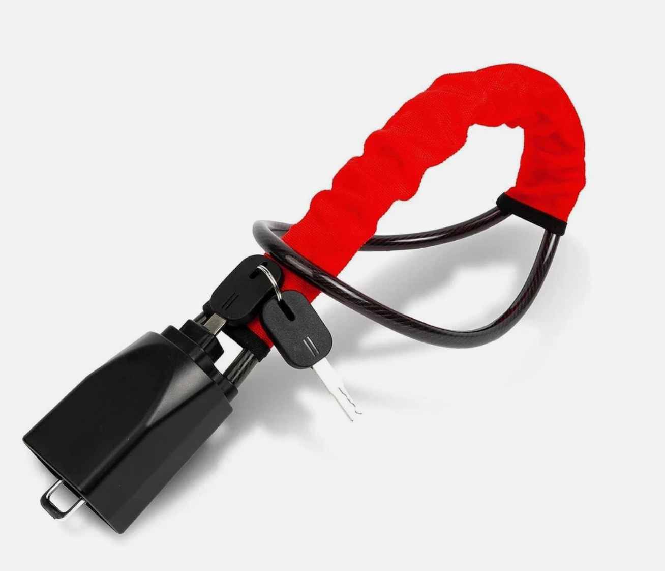 Red cabled car steering wheel lock on a white background