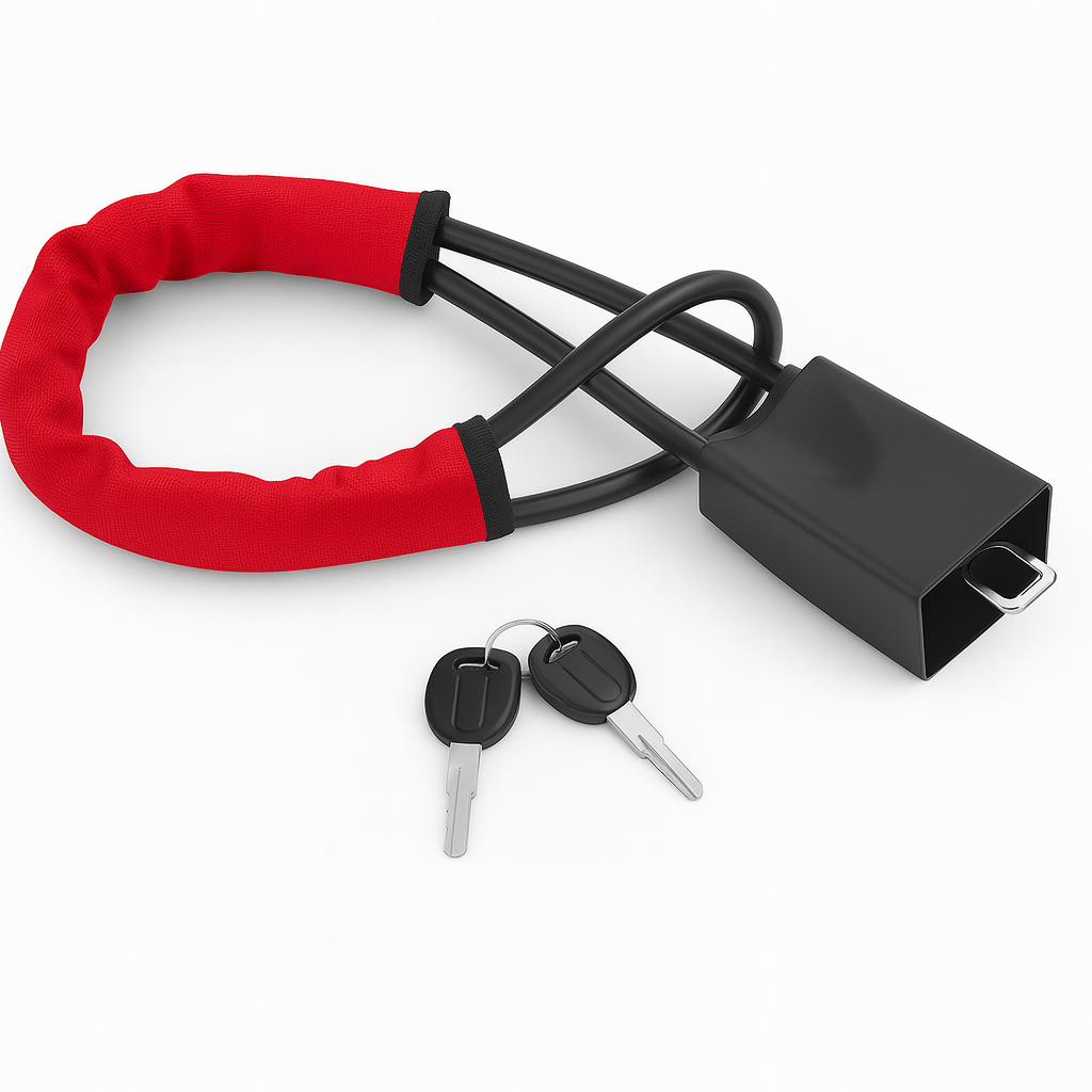 Red cabled car steering wheel lock and two keys on a white background