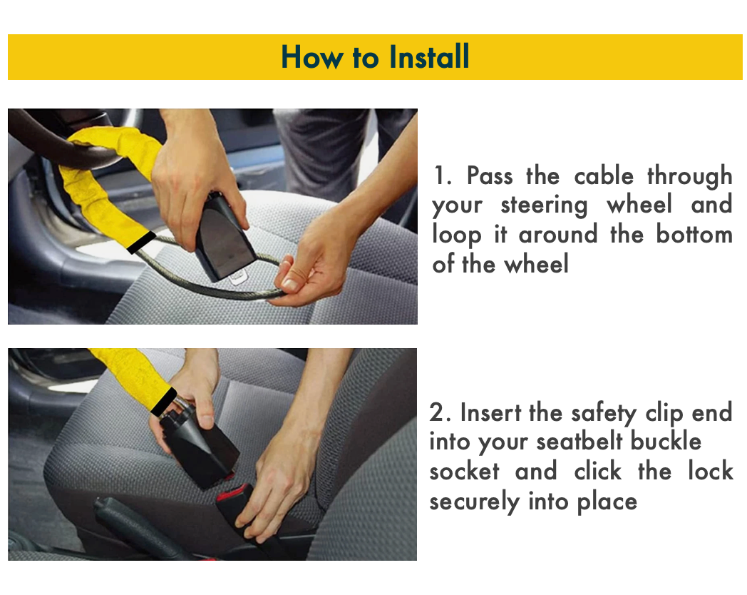 Step-by-step guide on how to install yellow cabled car steering wheel lock with text and images.