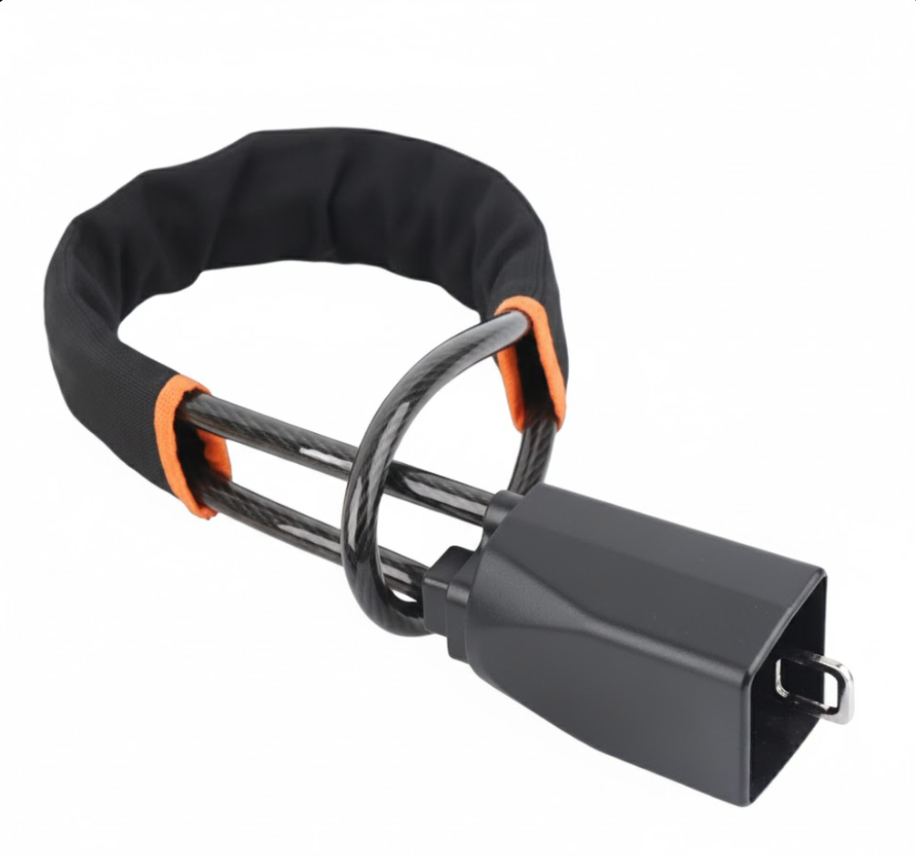 Black cabled car steering wheel lock on a white background