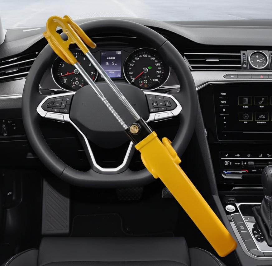 Steering wheel lock with yellow handle inside a car