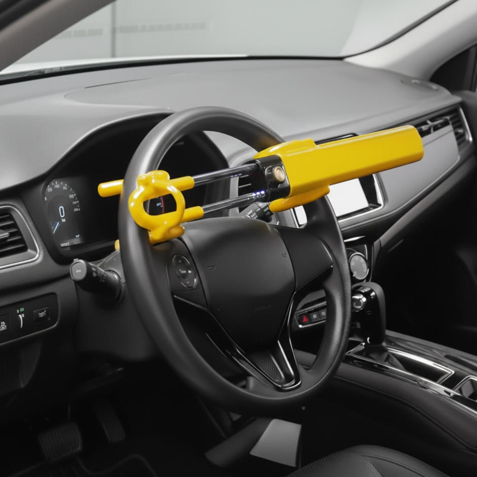 Steering wheel lock with yellow handle inside a car