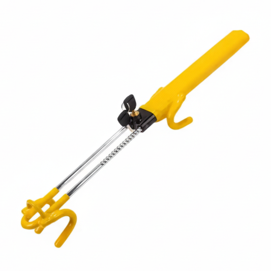 Extended Yellow Heavy-Duty Twin Bar Anti-Theft Steering Wheel Lock with a long handle and curved ends on a white background