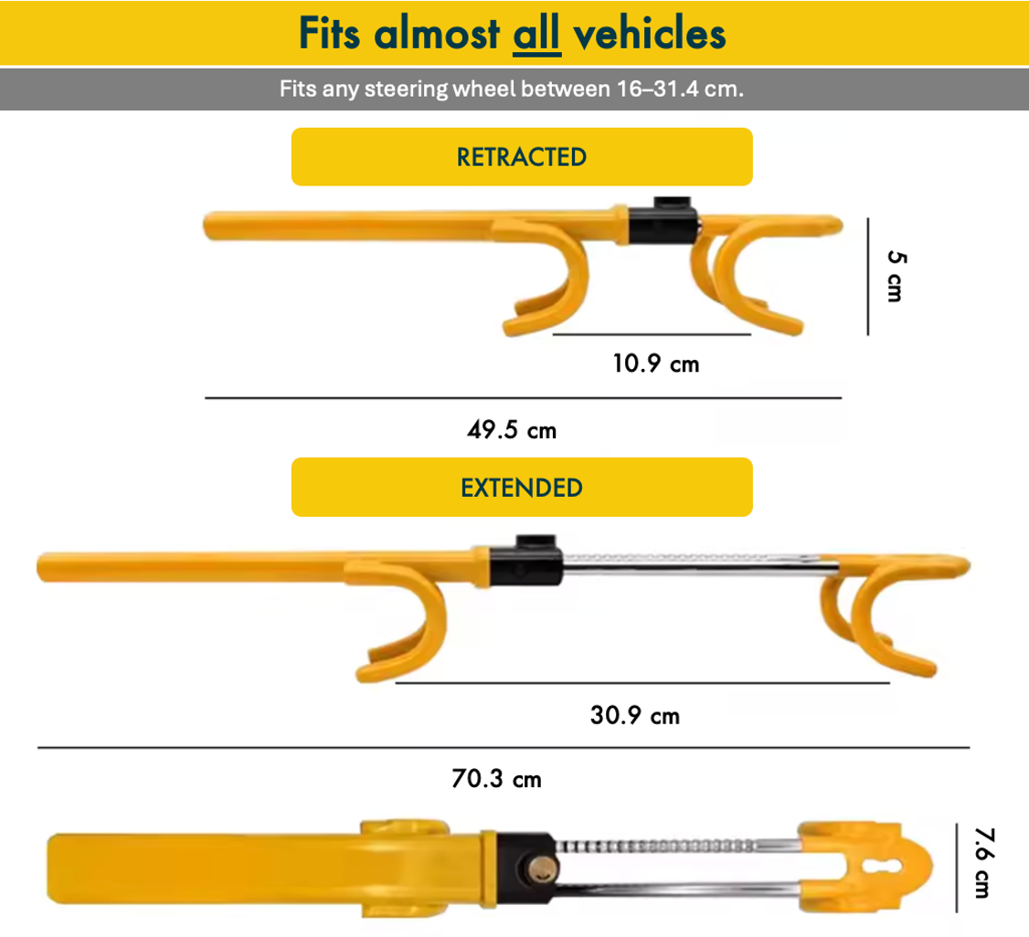 Heavy-Duty Twin Bar Anti-Theft Steering Wheel Lock with extended and retracted measurements on a white background