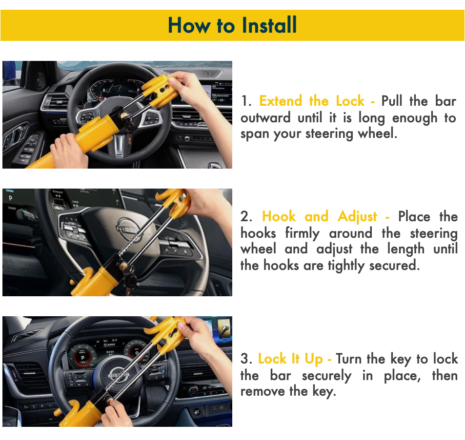 Step-by-step guide on how to install a steering wheel lock with visual instructions.