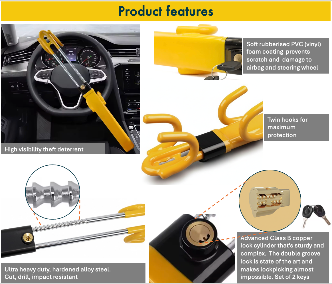Collage of Heavy-Duty Twin Bar Anti-Theft Steering Wheel Lock features with text on product benefits.