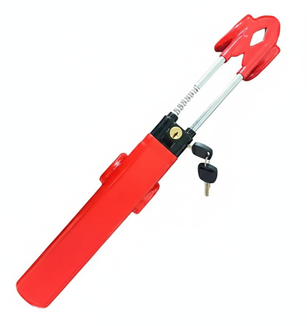 Red Heavy-Duty Twin Bar Anti-Theft Steering Wheel Lock with a key on a white background