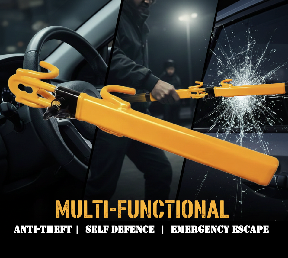 Multi-functional Heavy-Duty Twin Bar Anti-Theft Steering Wheel Lock being used to break a car window with text indicating its uses.