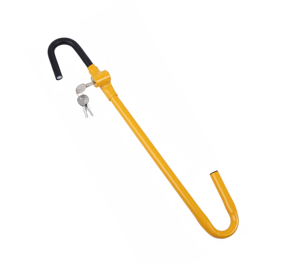 Yellow steering wheel to brake pedal lock with black handle on a white background