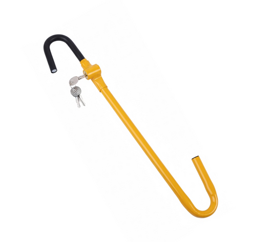 Yellow steering wheel to brake pedal lock with black handle on a white background