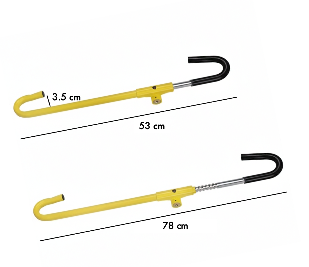 Yellow steering wheel to brake pedal lock with measurements on a white background