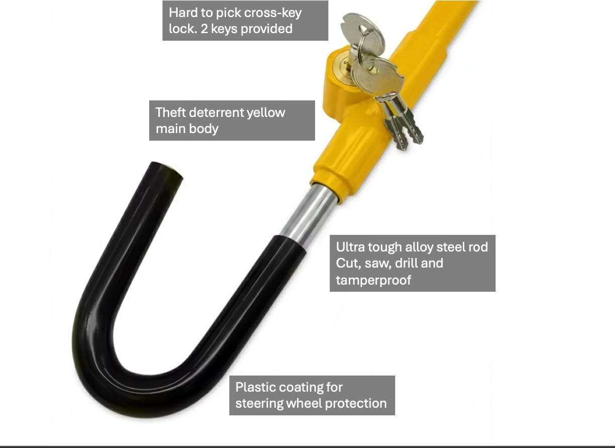 Steering wheel lock with yellow body and black U-shaped bar, featuring text on its features.