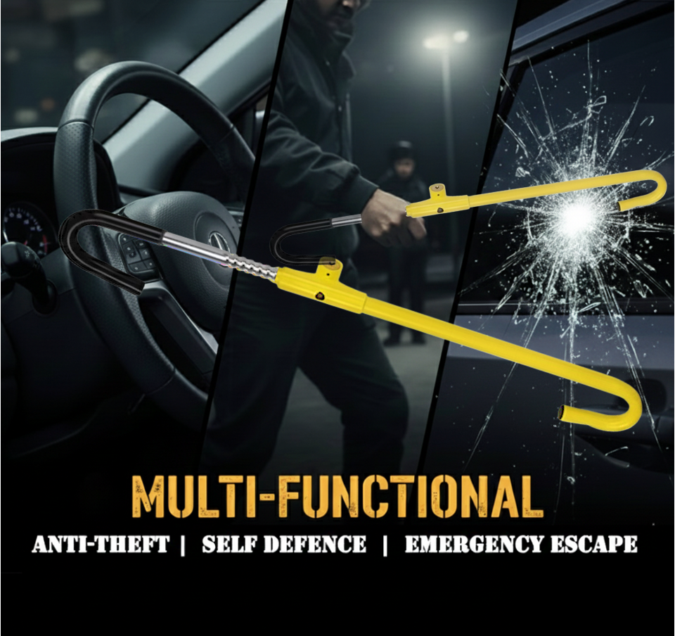 Yellow steering wheel to brake pedal lock that can be used for theft protection, self defence and emergency escape.