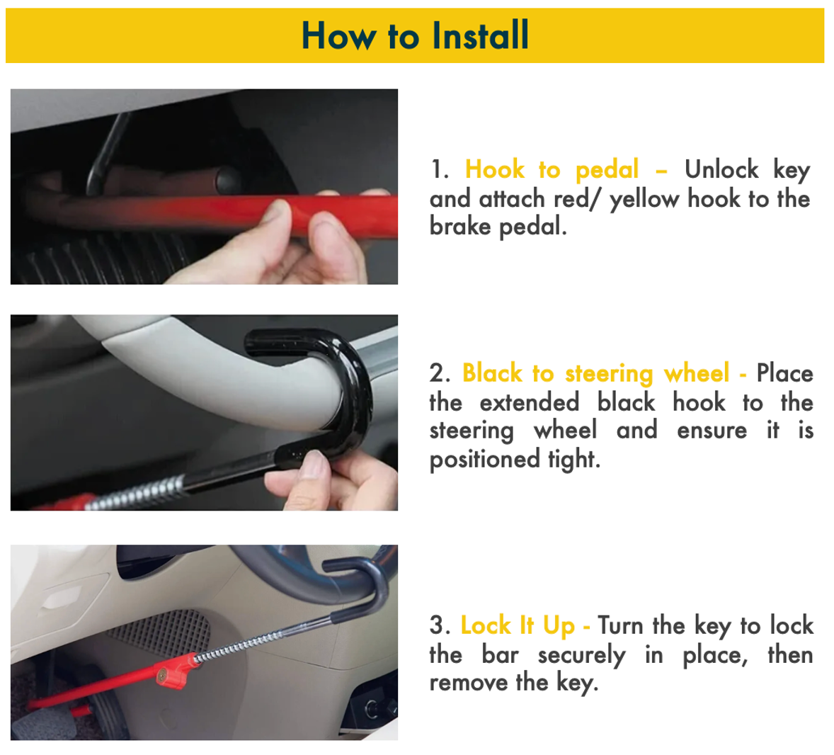 Step-by-step guide on how to install a car safety Steering wheel to brake pedal lock with text and images.