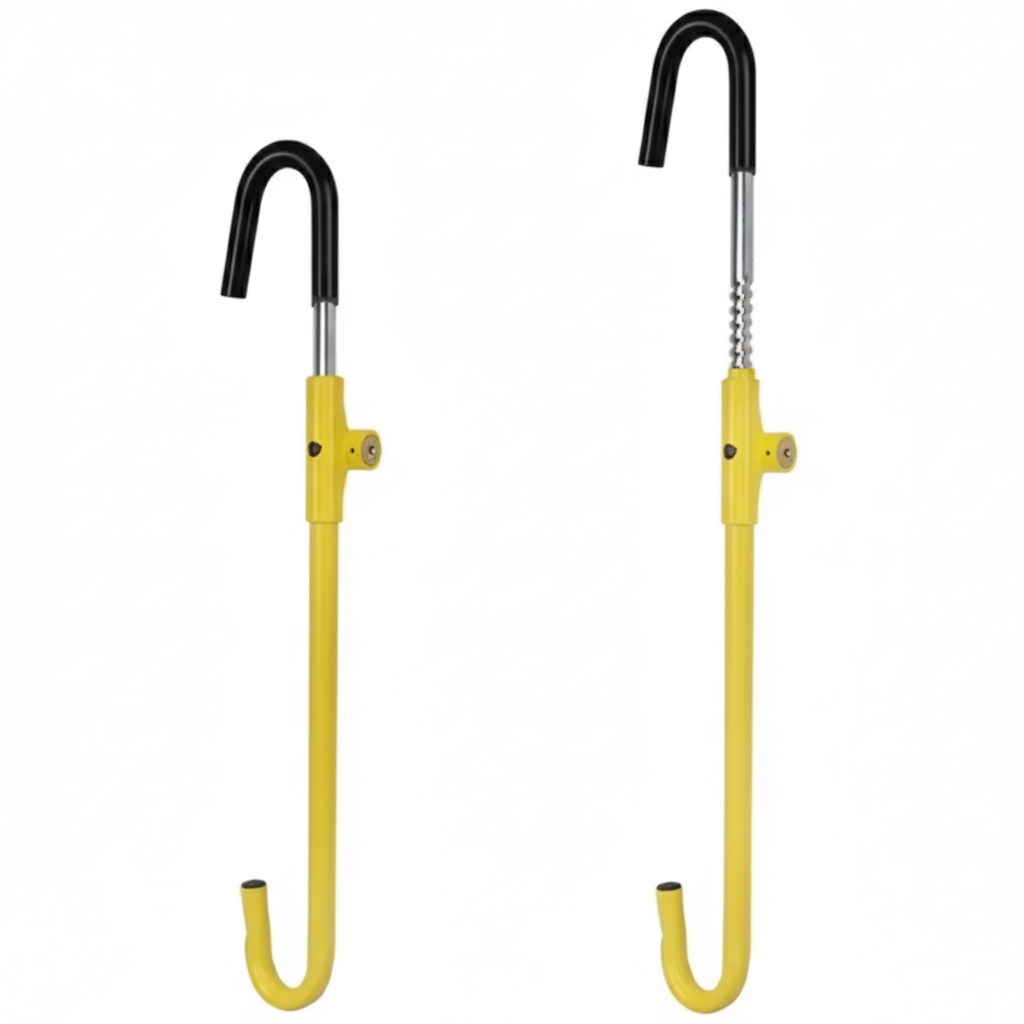 Two yellow steering wheel to brake pedal locks, one contracted and the other expanded on a white background