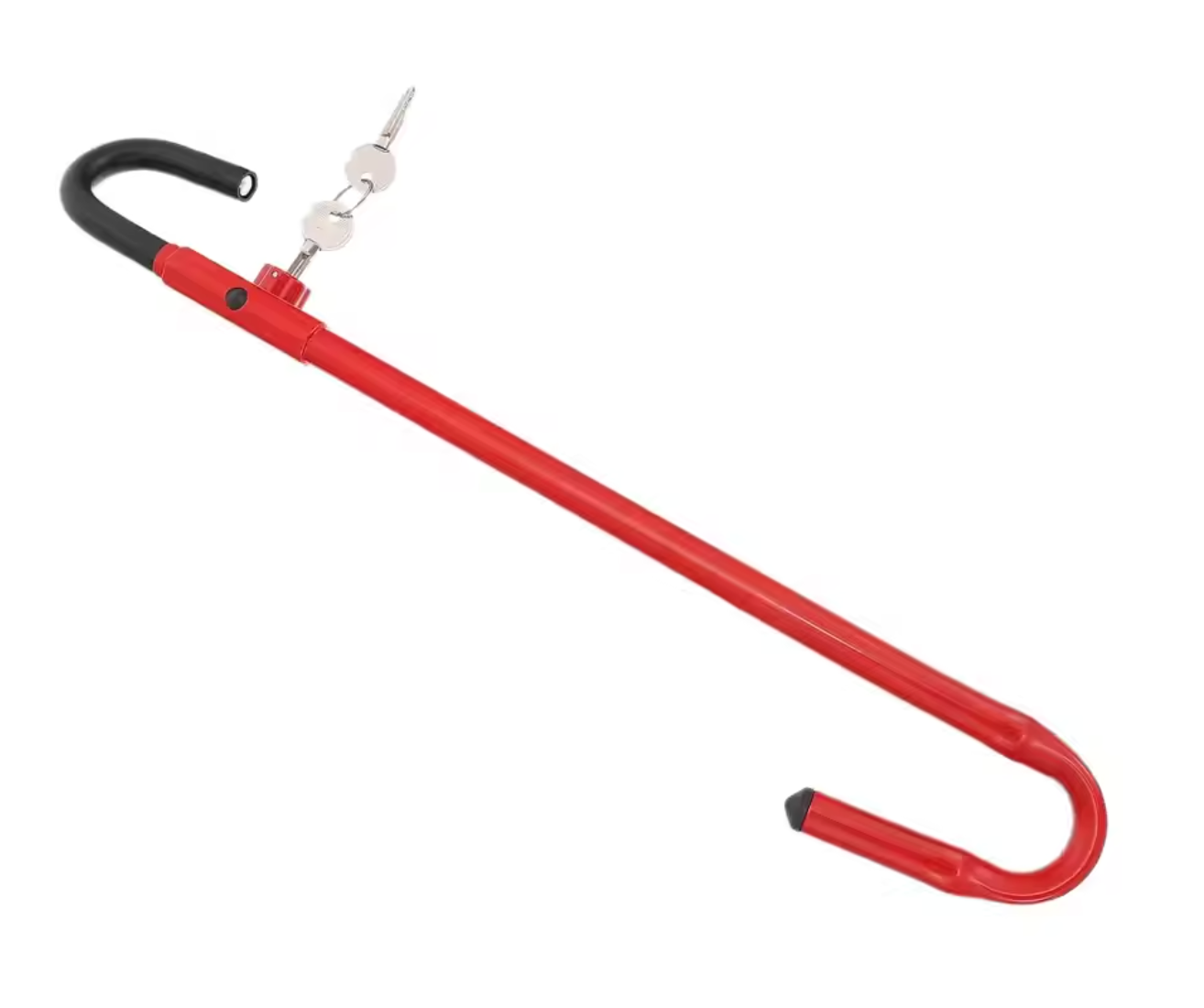 Red steering wheel to brake pedal lock with a black handle on a white background