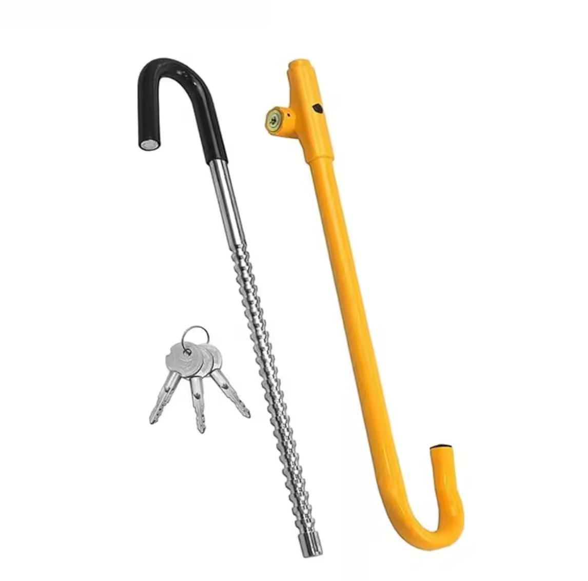 Yellow Yellow steering wheel to brake pedal lock with black handle and keys on a white background