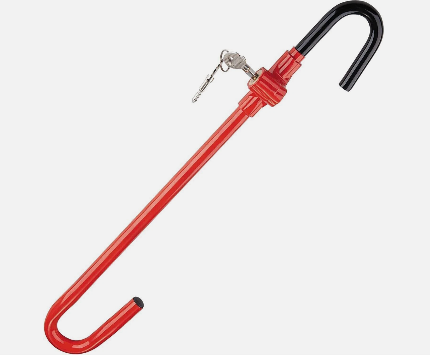 Red steering wheel to brake pedal lock with keys on a white background
