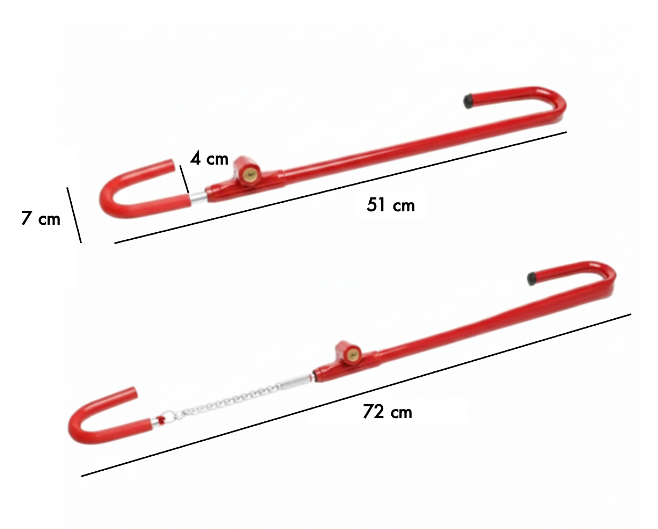 Two red steering wheel to brake pedal lock  with measurements on a white background