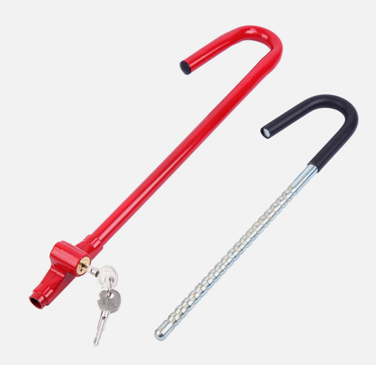 Red steering wheel to brake pedal lock with key on a white background