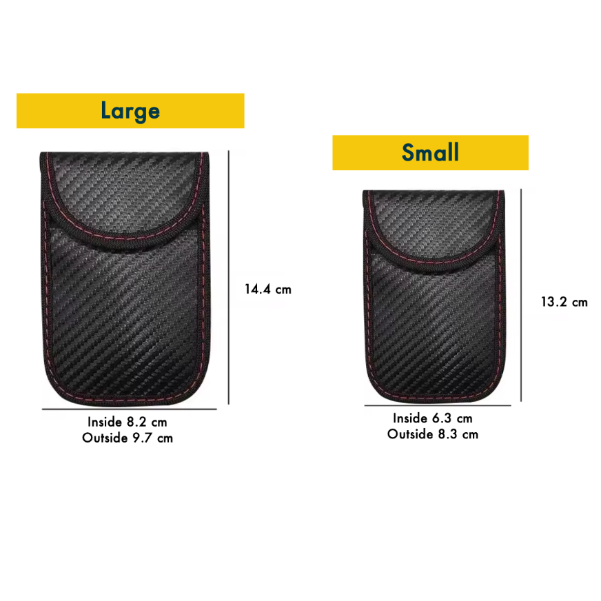Comparison of large and small carbon fiber pattern faraday signal blocking key fob pouches with dimensions and sizes labeled.