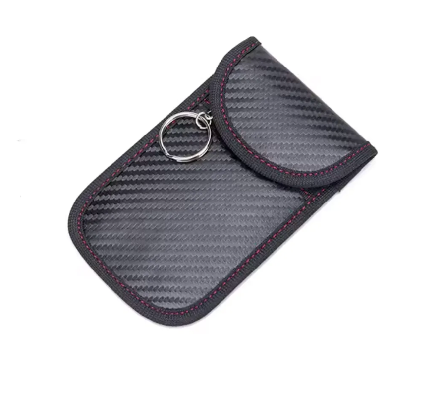 Carbon fiber patterned signal blocking remote car key pouch with a key ring 