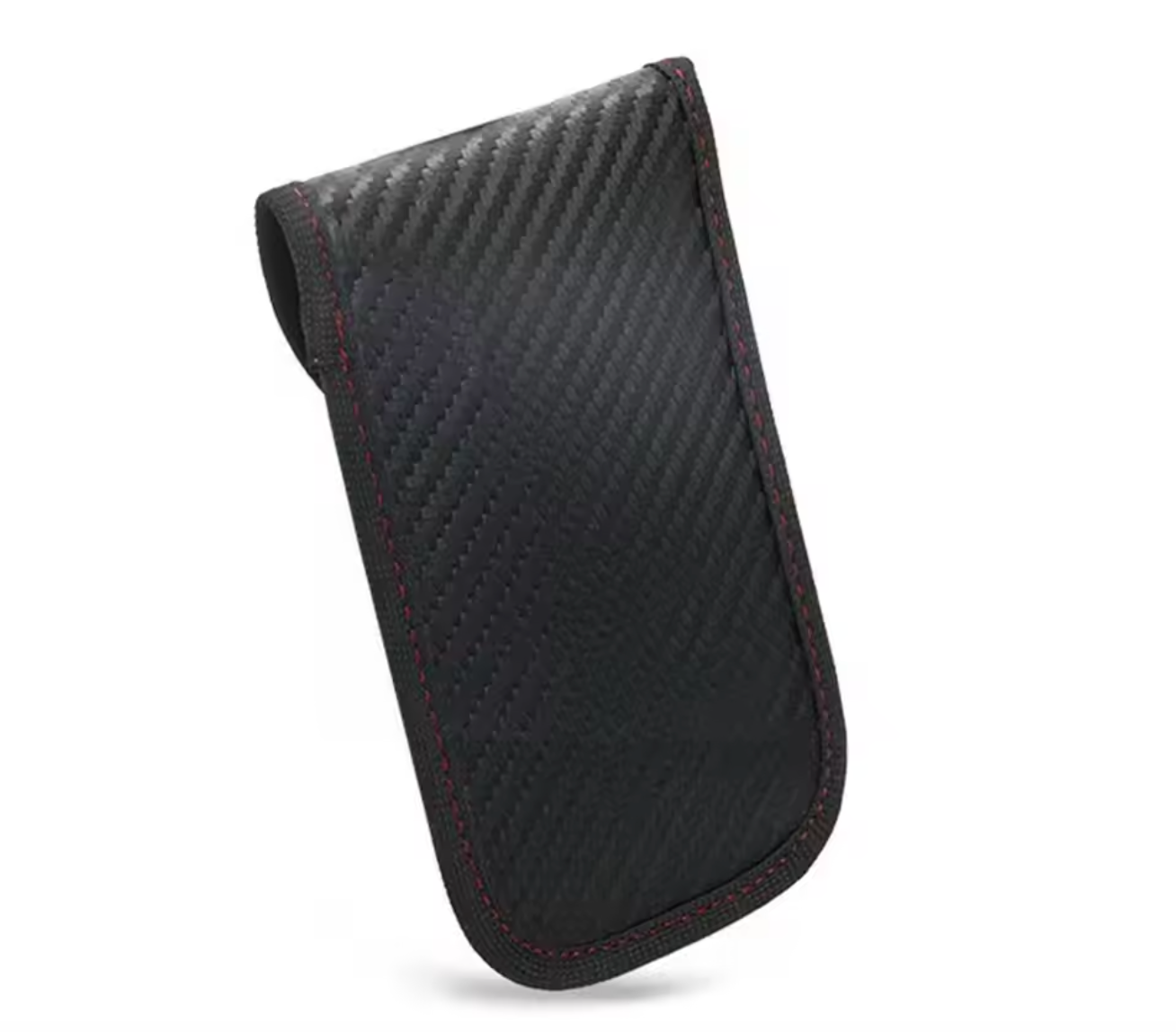 Black carbon fiber signal blocking Faraday key case on a white background
