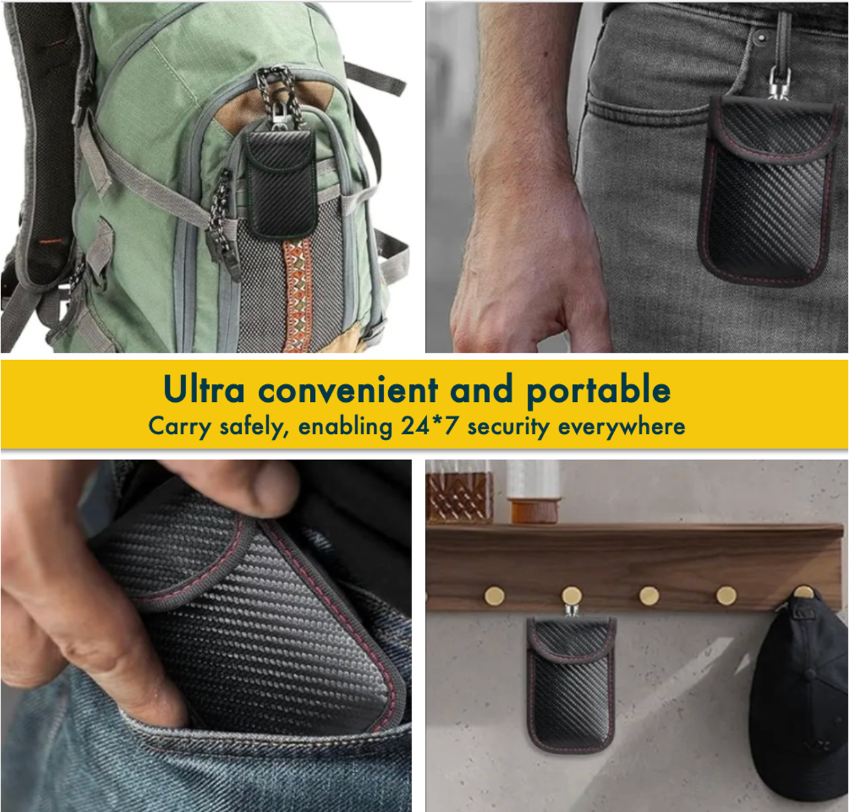 Collage of a signal blocking faraday pouch attached to various items with text highlighting convenience and portability.