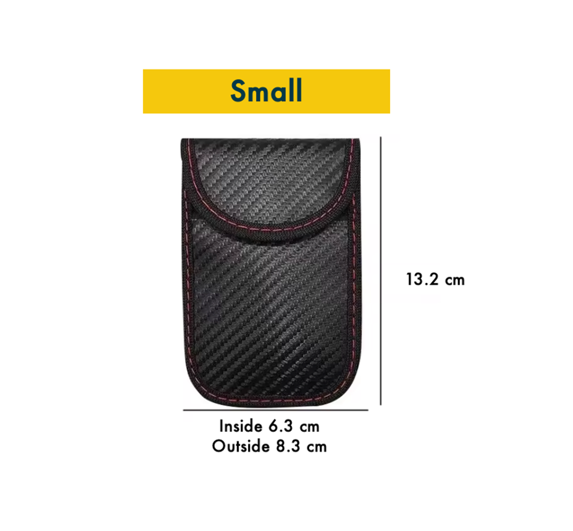 Small black carbon fiber patterned signal blocking Faraday pouch for car key with measurements on a white background