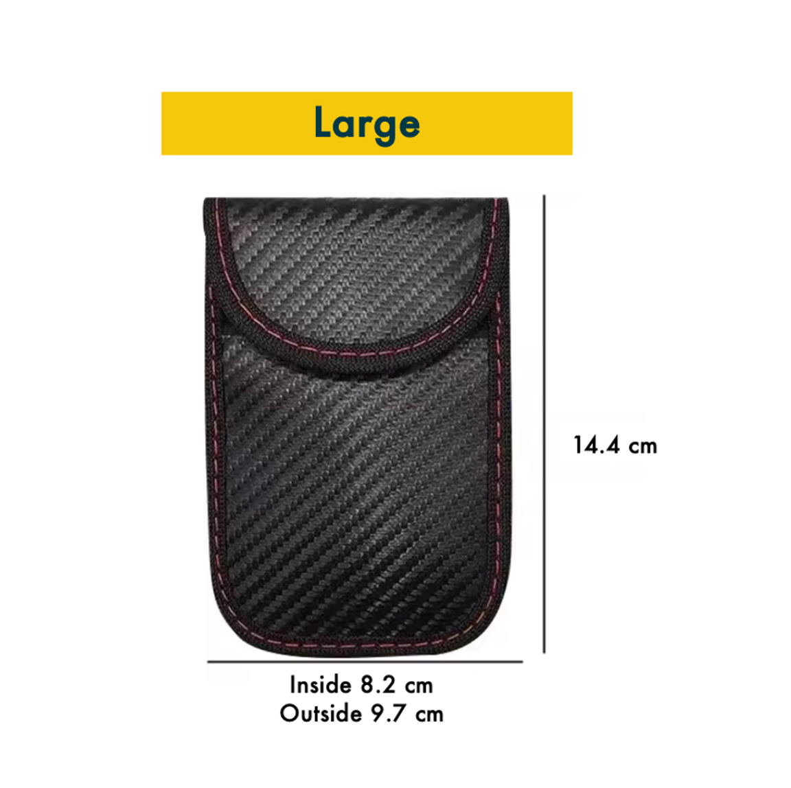 Large Black carbon fiber patterned signal blocking Faraday pouch for car key with measurements on a white background