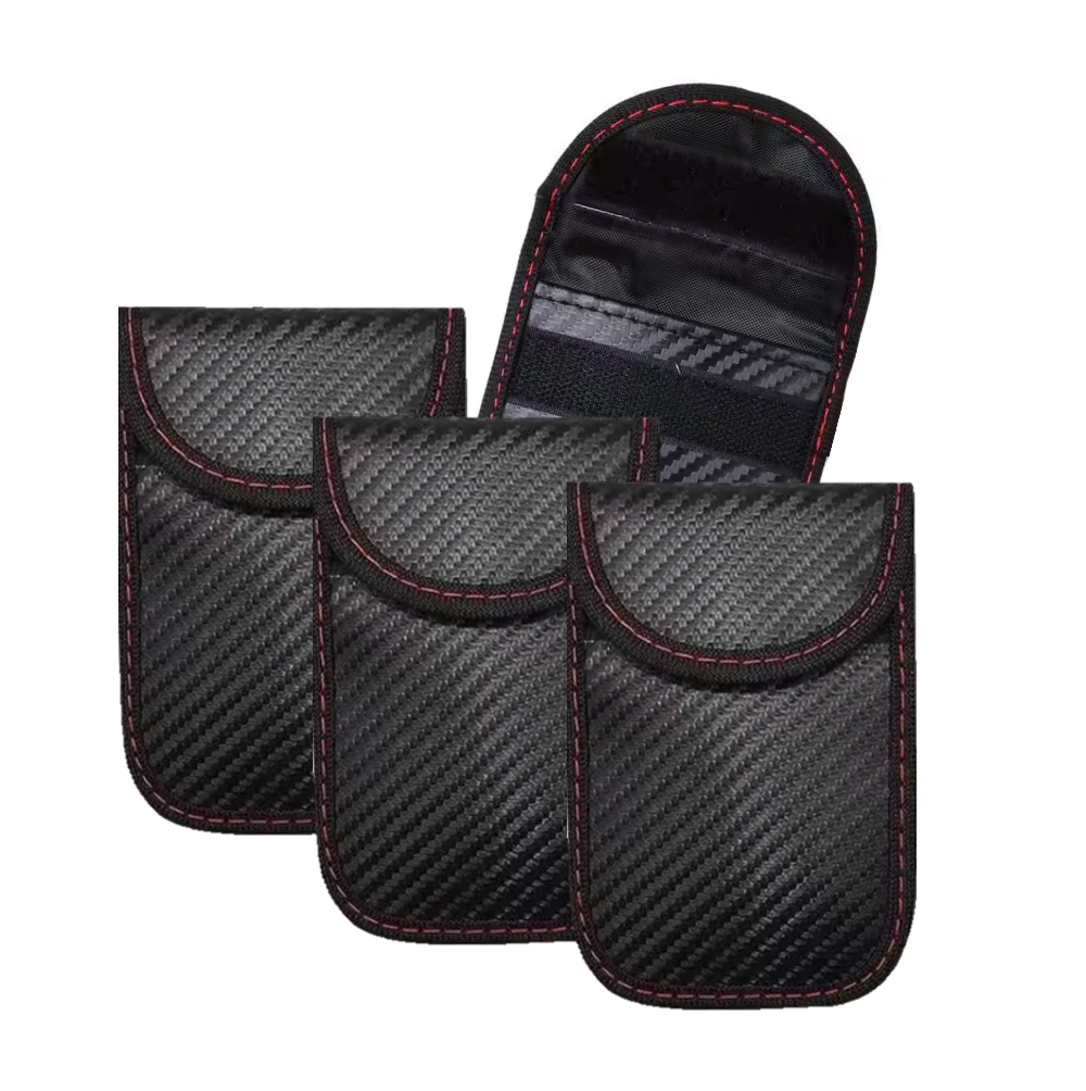 4 Black carbon fiber pattern Signal blocking Faraday pouches with one pouch with the flap open and a red stitching on a white background