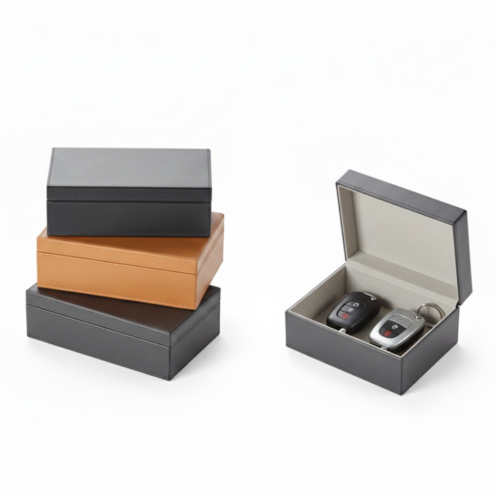 Set of three stacked signal blocking Faraday boxes that prevent car theft by blocking signal cloning relay attacks with an open one containing two key fobs on a white background
