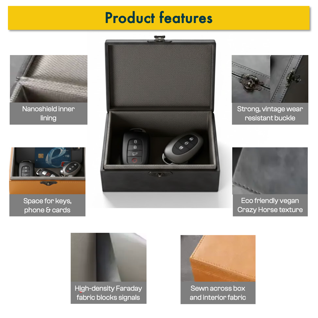 Product features of a high-security signal blocking Faraday box for car keys to prevent key cloning 
