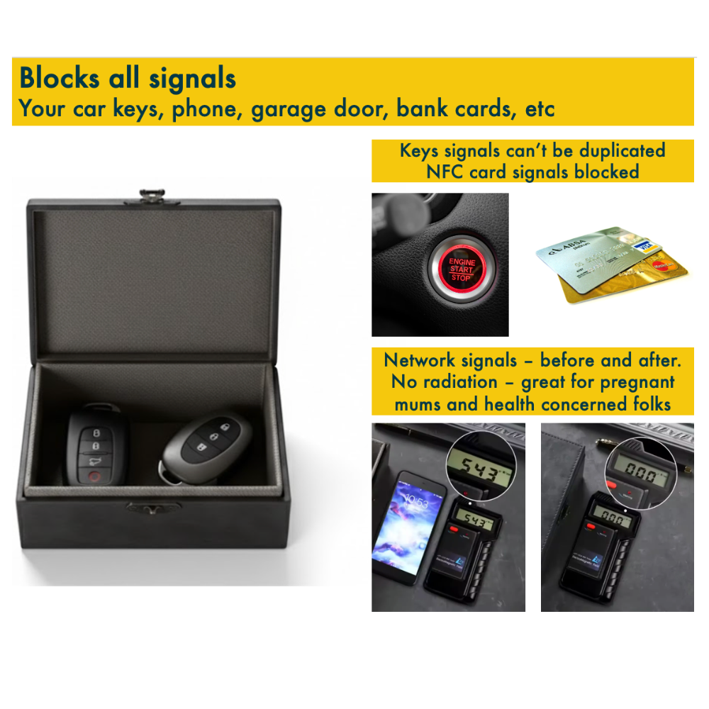 Black signal blocking Faraday box with text about signal blocking capabilities.