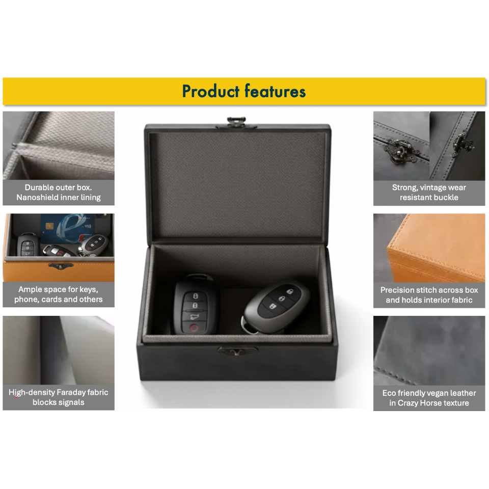 Black signal blocking Faraday boxes for car keys to prevent keyless car theft with features highlighted