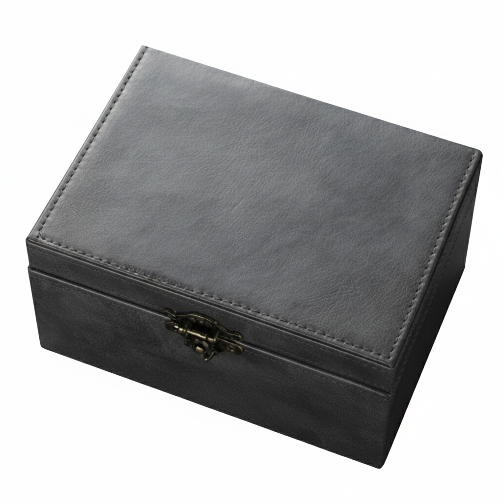 Gray leather signal locking faraday box used to prevent relay theft by blocking key signals with a clasp on a white background