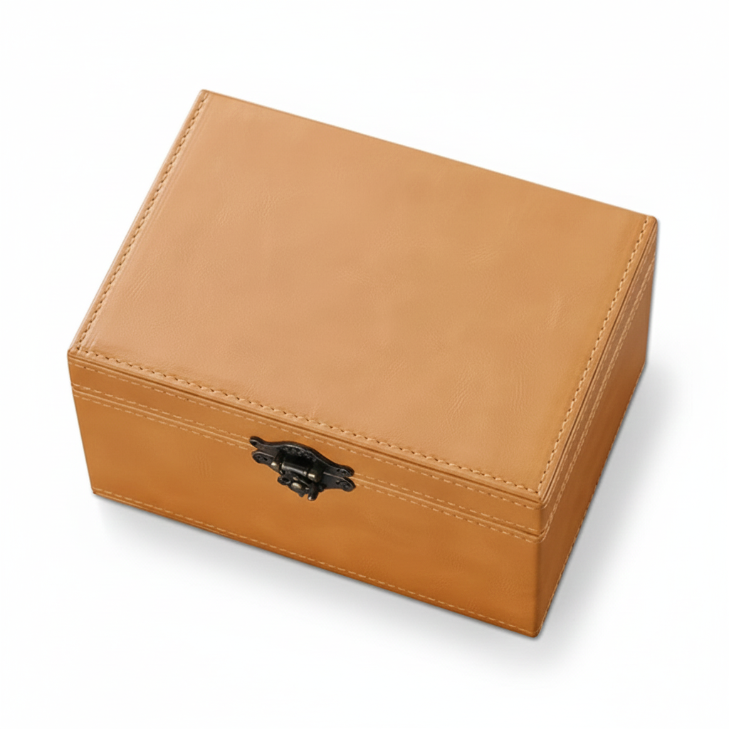 Tan signal locking faraday box used to prevent relay theft by blocking key signals with a black clasp on a white background