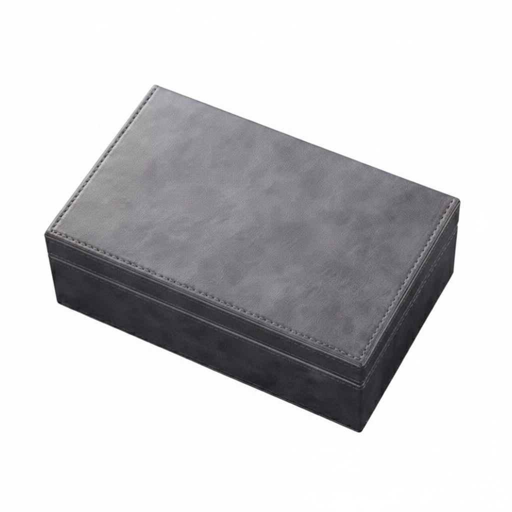Gray leather signal blocking Faraday boxes that prevent car theft by blocking signal cloning relay attacks box on a white background