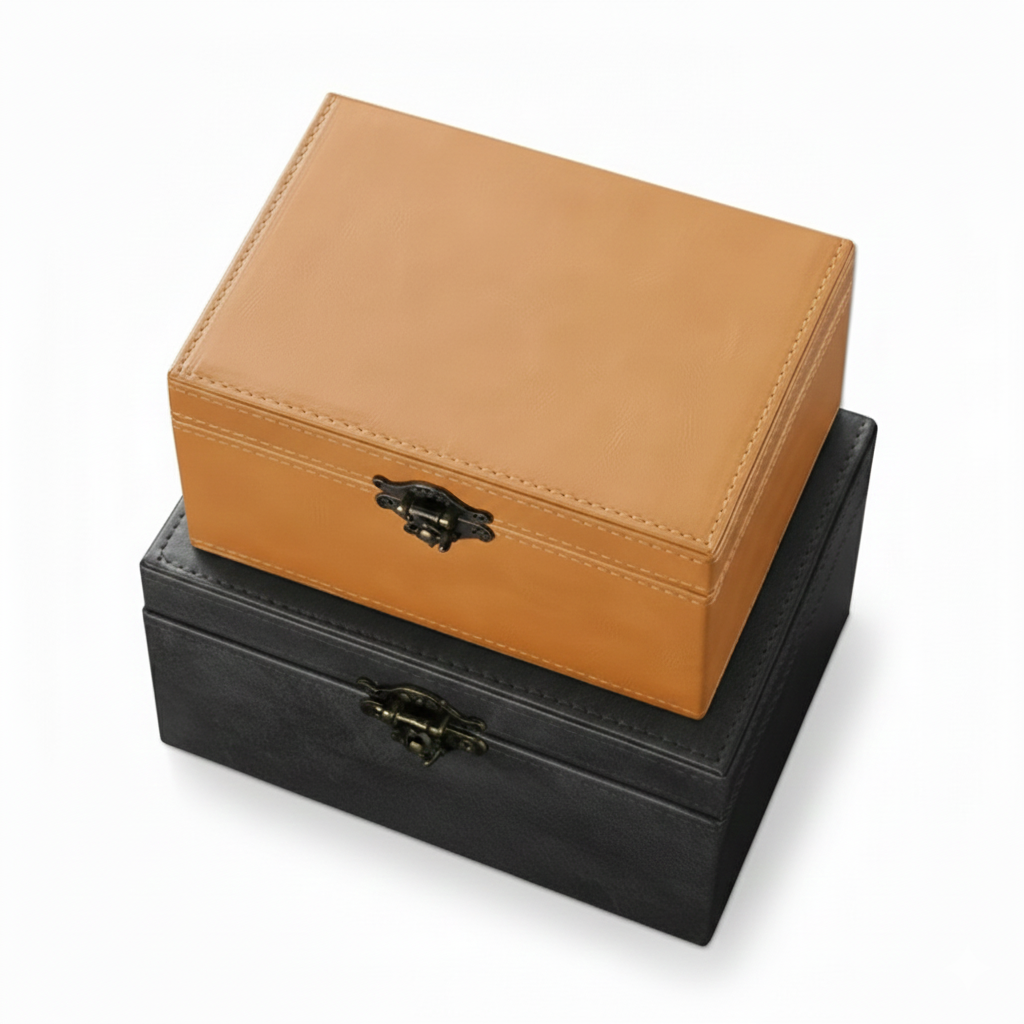 Two leather like material signal blocking Faraday boxes for car keys to prevent keyless car theft, one black and one brown, stacked on a white background.